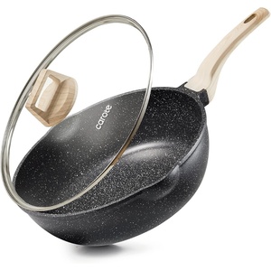image:imageCAROTE 12 Inch Nonstick Deep Frying Pan with Lid 55 Qt White GraniteClassic Granite