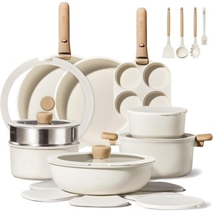 image:imageCAROTE 19pcs Pots and Pans Set Non Stick Detachable Handle Cookware GreenCream White