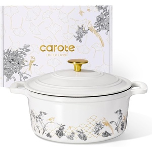 image:imageCAROTE 5QT Enameled Floral Cast Iron Dutch Oven Pot with LidWhite Bird  Floral