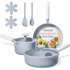 image:imageCAROTE Ceramic Cookware Set Nonstick 9pcs Pots and Pans Set Non stick NonToxic amp PFASFreeDishwasher RVCamping Cookware SetSauce Pan with Lid Blue