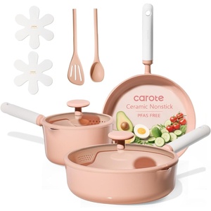 image:imageCAROTE Ceramic Cookware Set Nonstick 9pcs Pots and Pans Set Non stick NonToxic amp PFASFreeDishwasher RVCamping Cookware SetSauce Pan with Lid Pink