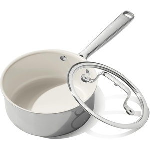 image:imageCAROTE15Qt amp 3Qt Stainless Steel Saucepan Set Triple Ply Stainless Steel Pot Saucepan with Glass Lid Small Sauce Pot with Wooden Handle Easy Pour RimWhite